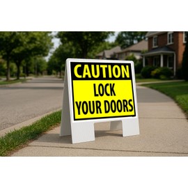 Caution Lock Your Doors Yellow Folding Coroplast A-Frame with Double-Sided 23in x23in
