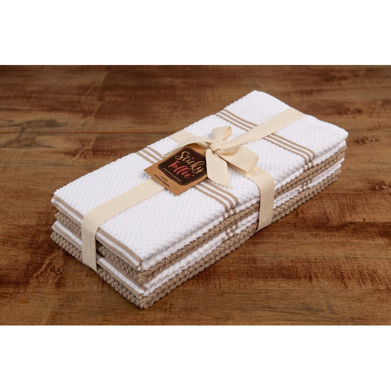 100% Cotton Terry Tea Towel - Tan Plain & Stripe