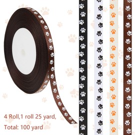 Chuangdi 4 Rolls Grosgrain Paw Print Ribbon 3/8 Inch x 100 Yards Craft Paw Ribbons for Dog Paw Print Party Ornaments Gift Wrapping Pet Lover DIY Decoration, Birthday Party Home Ornament, 4 Color