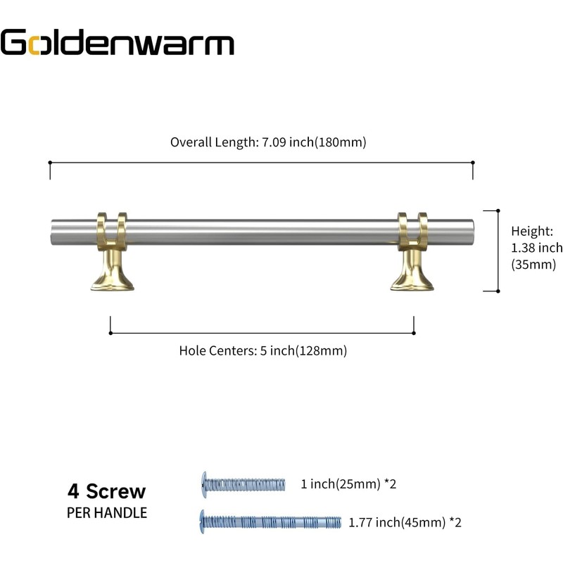 goldenwarm 10 Pack Brushed Satin Nickel Kitchen Handles 128mm Hole