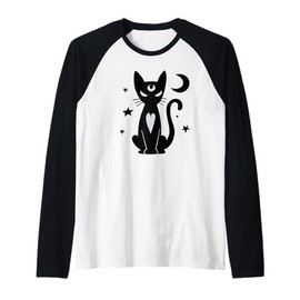 Gothic Witchy Black Cat with Moon Mystical Stars Night Art Raglan Baseball Tee
