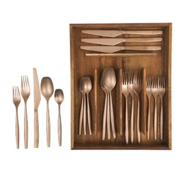 Bloomhouse 20 Piece Stone Washed Rose Gold Flatware 18/10 Stainless Steel Silverware Cutlery Utensil Set With Acacia Wood Caddy - Service for 4