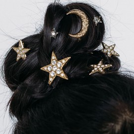 SICOPEE Gold Rhinestone Star and Moon Hair Pins for Girls and Women, 8 Pieces 2.3-inch Crystal Hair Clips Hair Accessories
