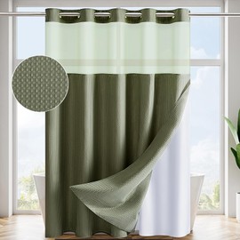 Yuanice No Hooks Needed Waffle Fabric Stall Shower Curtain 36x72 with Snap in Liner,Sage Green Narrow Shower Curtain Set with See Through Top Window Hotel Grade Decorative Spa Like Bath Curtain.