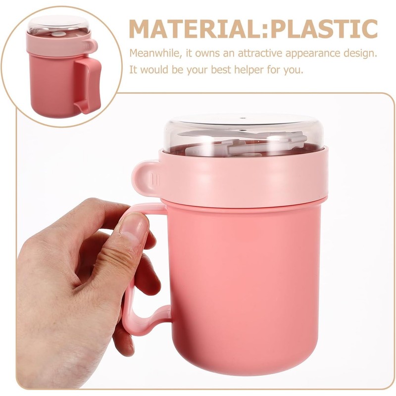 Taza de Desayuno Multiusos con Tapa y Cuchara, Rosa Plástico