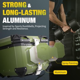 Gurblofy Motorcycle Top Case, 45L Aluminum Motorcycle Top Box with Anti-Theft Lock System, Waterproof, Dustproof, Easy Installation with Universal Bracket, Back Cushion, Jungle Green, GBTC-45G