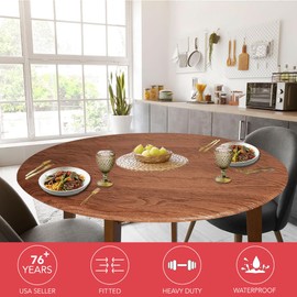Covers For The Home Deluxe Elastic Edged Flannel Backed Vinyl Fitted Table Cover - Woodgrain (Oak) Pattern - Small Round Oblong Oval - Fits Tables up to 40" - 44" Diameter