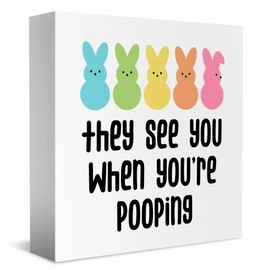 iRudyard Easter Bunny Wooden Box Sign - 5 x 5 Inch Bathroom Peeps Decor - They See You When You're Pooping Sign - Home Farmhouse Bathroom Decor (Easter Special Edition)