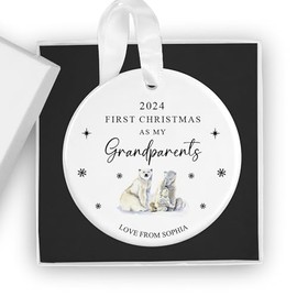 First Christmas as Grandparents - Ceramic Bauble with Gift Box, New Grandparents Xmas Decoration, Celebratory Ornament for Baby's First Christmas, Perfect New Baby Gift for Nana & Grandad