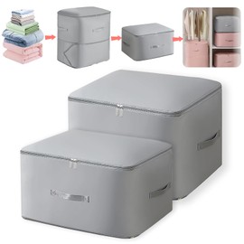 2Pcs Ultra Space Saving Self Compression Storage Bags, Duvet Storage Bag, Premium Satin Compression Storage Bags with Zipper, Packaging Bags for Comforters Clothes (Grey, L+XL） (Grey)