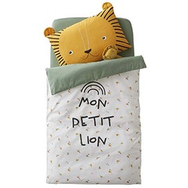 Vertbaudet Baby Reversible Duvet Cover, Little Lion, Tanzania, Wool White, Printed, Green, 100 x 120 cm