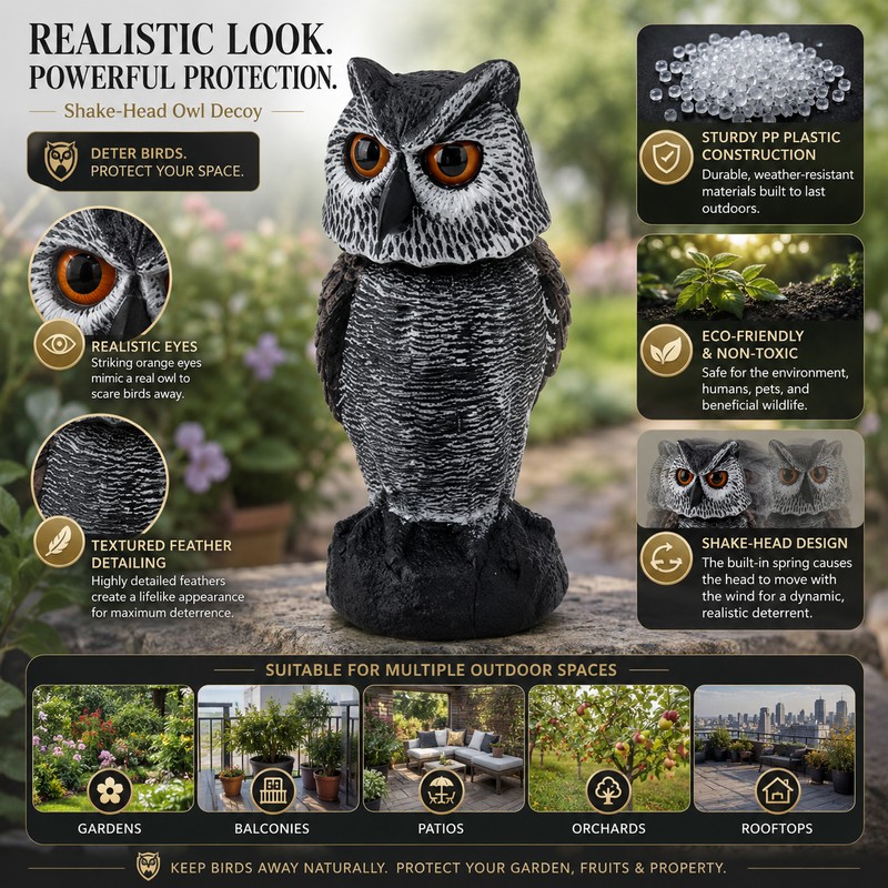 Owl Decoy for Bird Deterrent – Shake Head Garden Scarecrow