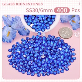 400PCS SS30/6mm Crystal Rhinestones (Blue/Sapphire), Bedazzling Flatback Glass Rhinestones for Crafting DIY Nail Art Makeup Decoration, Gems Diomand Charms for Tumbler Shoes Clothing Mug