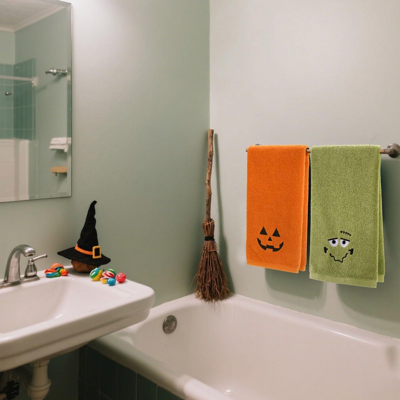 Whaline 4Pcs Halloween Hand Towels Spooky Pumpkin Face Monster Embroidered