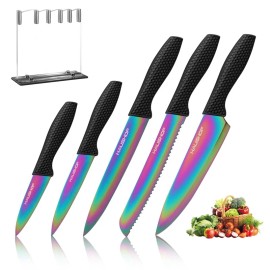 HAUSHOF Kitchen Knife Set 5PCS Rainbow Knife Sets Premium Steel Knives Set Black