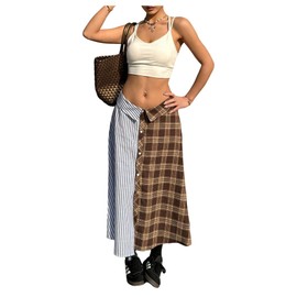 MakeMeChic Women's Y2k Striped Plaid Midi Skirt Low Waist Button Front Skirts Multicolor X-Small