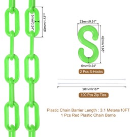 sourcing map Plastic Chain 10 FT/3.1 M, Safety Chain Green Plastic Chain Link Barrier with Zip Ties and S-Hooks for Crowd Control Queue Line Fence Decoration
