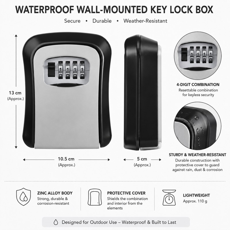 Wall-Mounted Key Lock Box for Secure Access – Weather-Resistant 4-Digit