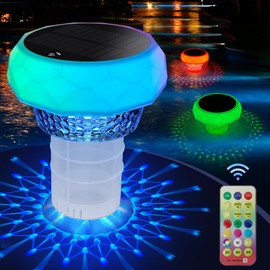 2 in 1 Solar Pool Chlorine Floater with Colorful Lights with Remote Solar Powered Floating Chlorine Tablet Dispenser Holder for Pool, Hot Tub, Spa, 7 Colors Adjustable Release