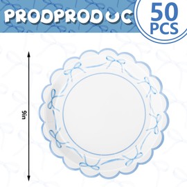 JarThenaAMCS 50Pcs Blue Bow Paper Plate Scalloped Bowknot Baby Shower Disposable Plate 9 Inch Decorative Dinner Plate for Birthday Party Table Decor