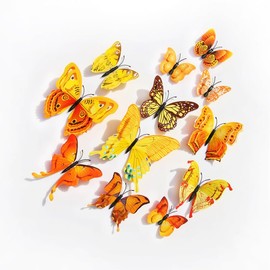 3D Butterfly Wall Sticker, Double Layer Butterfly, Refrigerator Sticker, Bedroom Party Wedding Decoration, Room Wall Decoration (Yellow, 12)