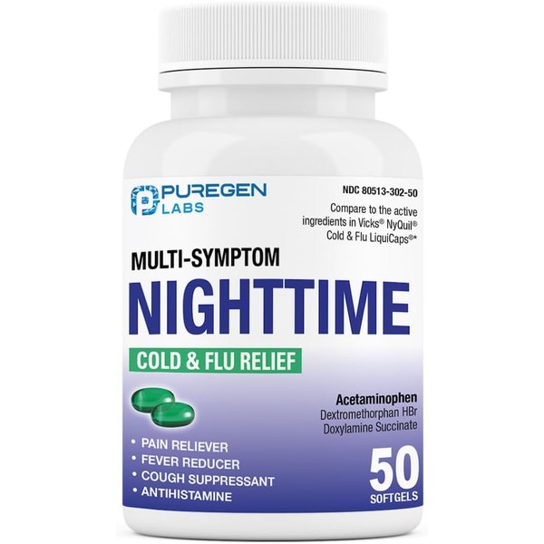 Puregen Labs Nighttime Cold and Flu Relief Medicine | 50