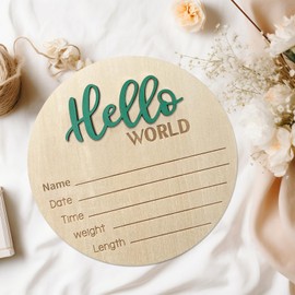 Baby Announcement Sign, ​5.9 Inch Wooden Hello World Newborn Signs, Birth Announcement Sign, Baby Shower Hospital Nursery for Newborn Boys and Girls (Green,Pen)