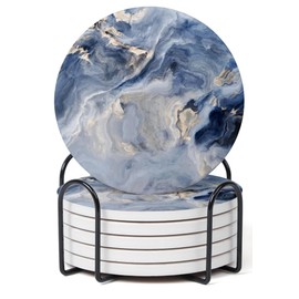 Hoomey Set of 6 Abstract Navy Blue Marble Coasters with Holder, Absorbent Ceramic Drink Coasters for Table Protection, Housewarming Gifts for New Home