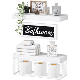 QEEIG Bathroom Decor Shelves Over Toilet - Farmhouse Decorations Aesthetic Décor Sign Small Floating Wall Shelf Paper Storage 2+1 Set 16 inch, White (020W)
