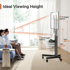 Perlegear Rolling TV Stand, Mobile TV Stand on Wheels for 32-85 Inch Screens up to 132 lbs, Height Adjustable Mobile TV Cart with Metal Shelf, Rolling TV Cart with Lockable Wheels Max VESA 600x400mm