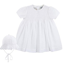 Carriage Boutique White Dress Hand Smocked Yoke with Embroidered Flowers Short Sleeves and Knee Length W/Bonnet