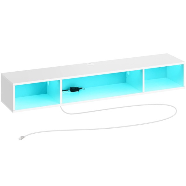 Rolanstar TV Stand with Power Outlet, Floating TV Stand with RGB Lights, 55.1" Wall Mounted TV Shelf, White Media Console with Storage Shelf, Entertainment Shelf Under TV for Living Room, Bedroom