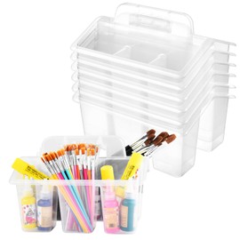 NINU Classroom Caddy Storage Basket with Handle, Plastic Arts Office Crafts Caddy 4 Compartments for Kids, Pencil, Crayon, Marker, School Supplies - 6 Pack Clear
