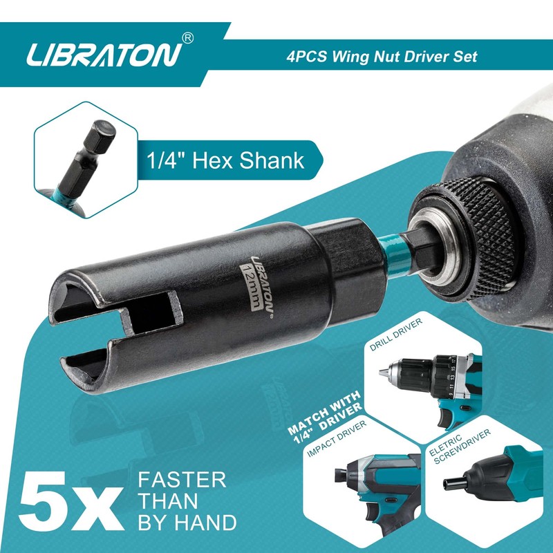 Libraton Wing Nut Driver 4PCS, Wing Nut Driver Bit, 1/4”