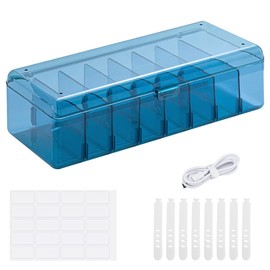 Data Cable Storage Box with 8 Cable Ties, Cable Management Box Hub Sorting Box with Lid, Desktop Cable Tidy Box with 10 Compartments for Cable Organiser(Blue)