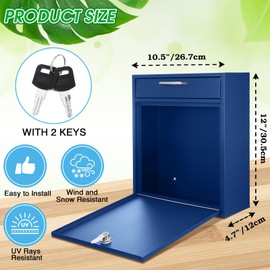 Yaocom Locking Mailbox with Key for Outdoor Large Wall Mount Mail Box with Lock Security Mail Drop Metal Collection Boxes Hanging Secure Postbox(Dark Blue,12 x 10.5 x 4.7 Inches)