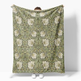 William Morris Vintage Floral Blanket,Rustic Soft Flannel Lightweight Blanket,Sage Green/Yellow Botanical Throw Blanket for Living Room Sofa Decor,Gifts Blanket for Women Girls All Seasons 50x60 inch