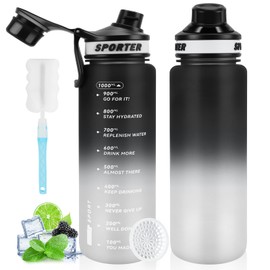 MOMSIV Water Bottle, 1 Litre Sports Water Bottle, BPA-Free, Leak-Proof Sports Water Bottle with Time Marking and Brush, Sports Bottle for Fitness, School, Bike, Camping, Yoga (Black)