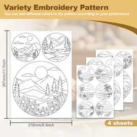 DOODLREAM 15Pcs Natural Scenery Embroidery Pattern Stabilizer, 21 x 29.7cm Beach Sea Soluble Stick and Stitch Embroidery Sticker, 4 Sheets Mountain Sunset Water Hand Sewing DIY Embroidery Paper