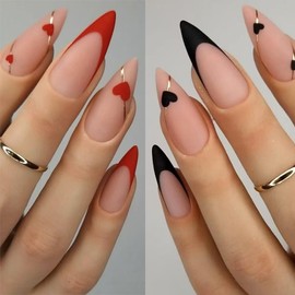 2 Packs 48Pcs Valentine's Day Press on Nails Medium Almond Fake Nails Red Black French Tip Nails Press on Heart Love False Nails Reusable Artificial Acrylic Nail for Women Girls Manicure
