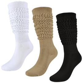 Slouch Socks Girls Cushioned Chunky Stacked Boot Socks Soft Knit Warm Long Knee High Socks Scrunch 10-14 Years Kids Youth 3 Pairs (Black+Khaki+White, L)