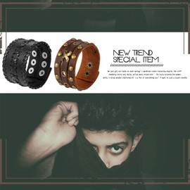 Cupimatch 2pcs Adjustable Punk Wide Braided Leather Bracelet,Unisex Rock Wrap Wristband Bangle Black/Brown