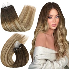 Ugeat Brown Micro Ring Hair Extensions Dark Roots Balayage Micro Beads Hair Extensions Remy Human Hair Dark Brown Mix Light Blonde Ombre 16 Inch 50G/50S #4/6/613