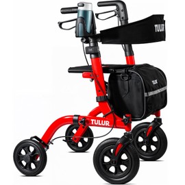 Rollator Walker with Seat, Walkers for Seniors, 10" Rubber Wheels All Terrain Rollator Walker with Backrest, Foldable Aluminum Walkers Built-in Cable Cup Holder