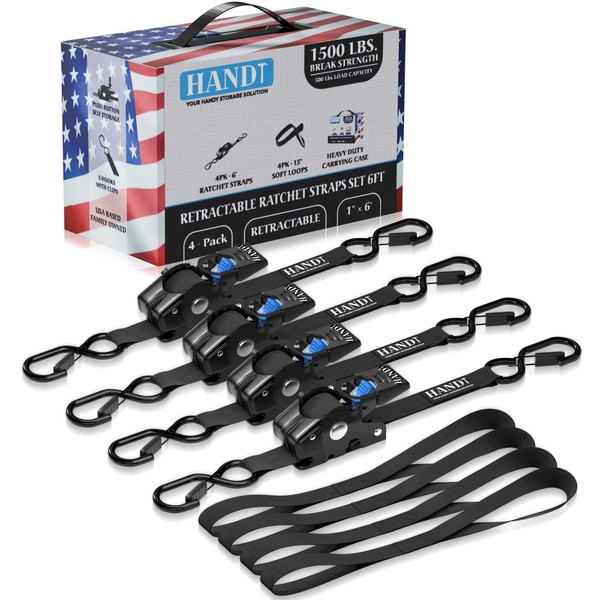 HandT Retractable Ratchet Straps (4PK) 1in x 6ft - 1,500lb