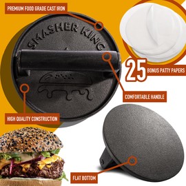 SMASHER KING - Premium Cast Iron Smash Burger Press incl. 25 pcs of Patty Paper, Burger Smasher for Griddle with Black Wood Handle, Perfect Hamburger Press, Meat Press, Bacon Press, Sandwich Press