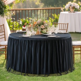Black Tulle Round Table Cloth for 48 Inch Round Tables, Black Banquet Tablecloth Table Cover, Floor Length Tablecloths, Circle Tutu Tulle Table Cloths Table Skirt for Wedding Party Table Decorations
