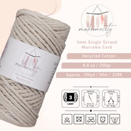 Makromecity, Single Strand Macrame Cord 3 mm x 100 Yards (300 feet) 3mm Single Strand Latte Cotton Cord for Macrame Art & Crafts for Wall Hangings Recycled Cotton Cord Yarn DIY (Latte, 1 Skein)