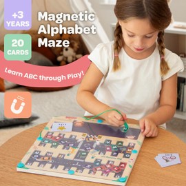 MINI MINDS Letter Magnetic Maze Wooden Alphabet | Education Alphabet | ABC Toys for Child Montessori Educational Toys for Kids Alphabet Sorting Toys for Boys and Girls On The Go Letter (Cars, Square)