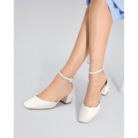 MUCCCUTE White Closed Toe Heels for Women Pumps - Chunky Low Heel Block Square Toe Ankle Strap Heels Ladies Business Office Dressy Dress Pumps